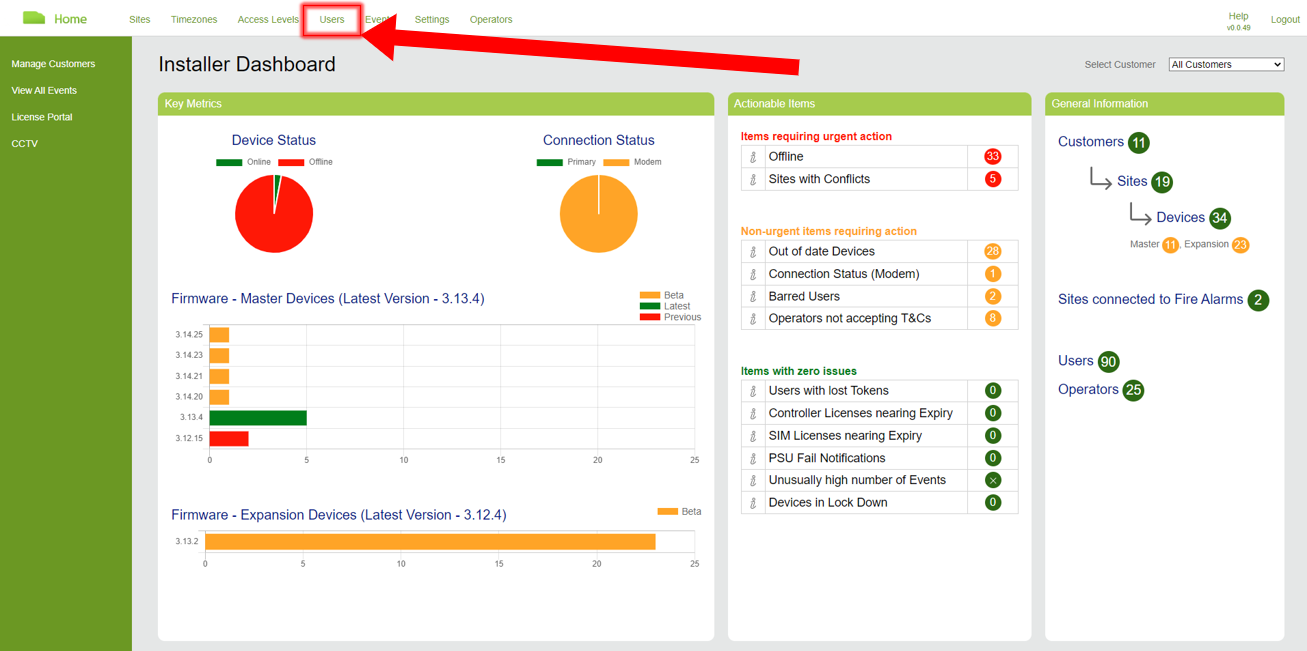 Installer Dashboard Users Link