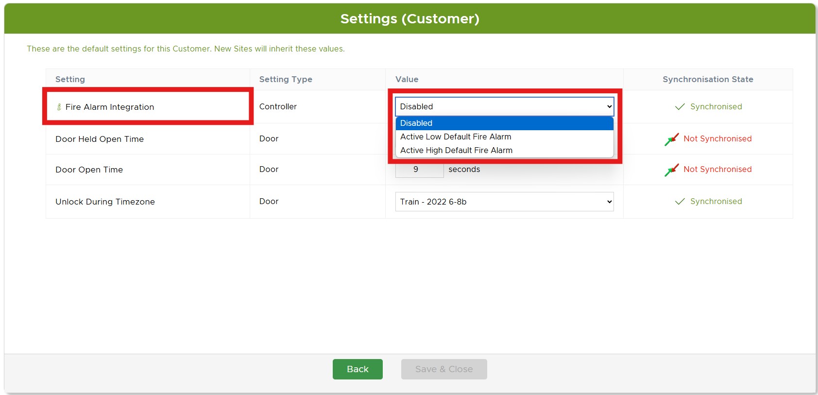 Customer Fire Alarm Settings